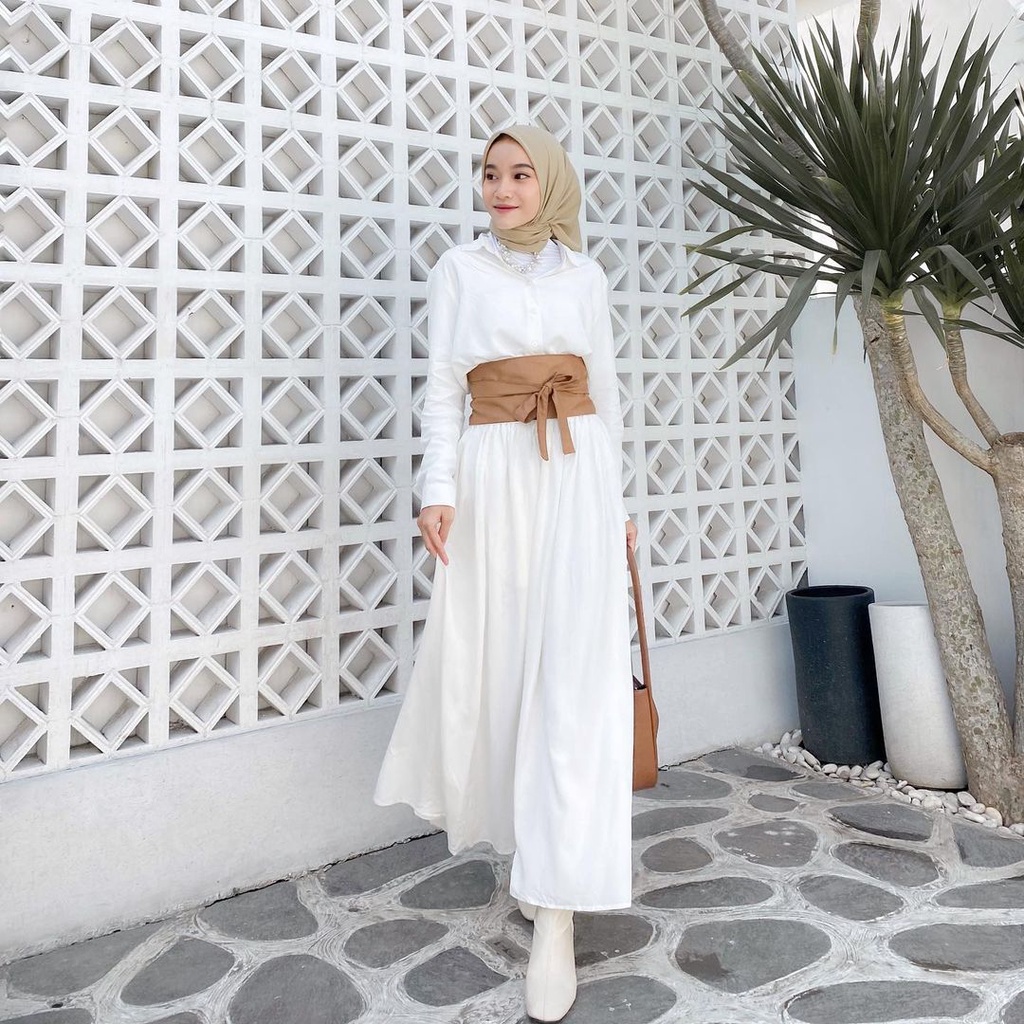 Gamis Putih Terbaru Melvin Maxi Dress Fashion Muslim Kekinian Bahan Shakila Putih Polos Free Obi Pak