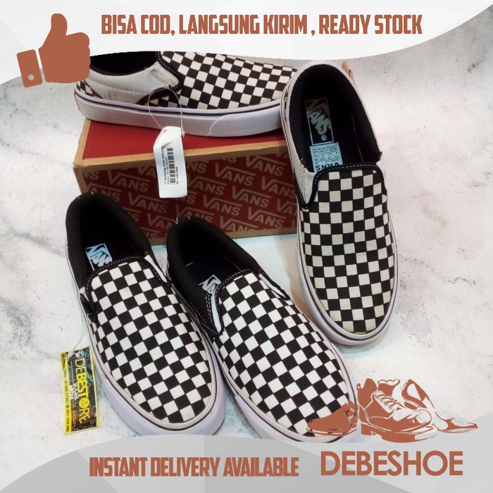 DEBESHOES SEPATU SNEAKERS KOTAK CATUR PRIA WANITA SLIP ON VANS SEPATU KEREN MOTIF CATUR HITAM PUTIH 