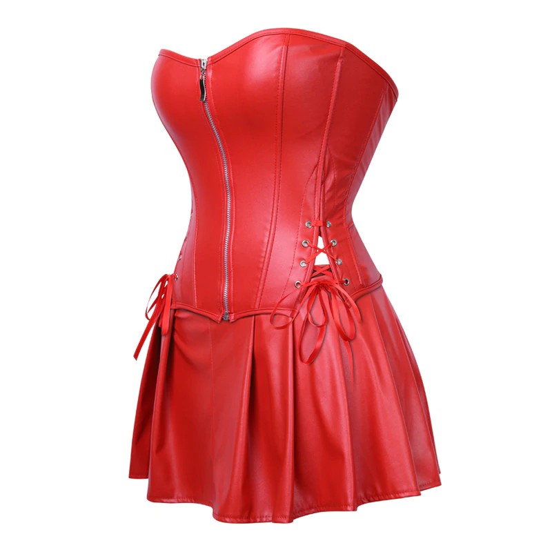 Big Sale Gothic Front Zipper Faux Leather Corset Dress Overbust Basque Bustier Mini Skirt Shopee Indonesia