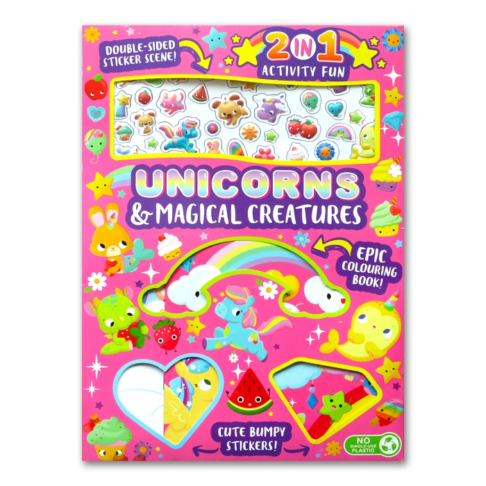 Unicorns & Magical Creatures 2In1 Activity Fun (Includes: Double-Sided Sticker Scene, Colouring Book