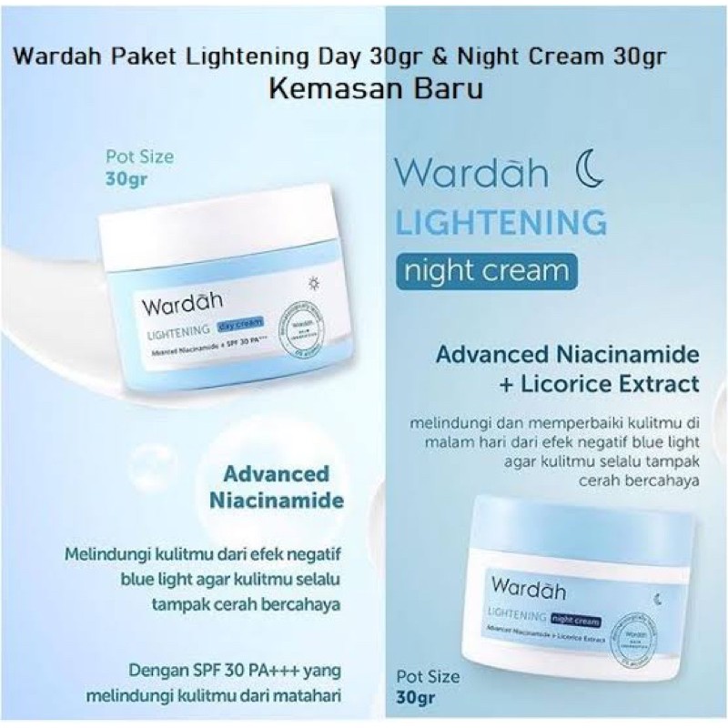 wardah lightening night cream 30 gr + with niacinamide || wardah lightening day cream 30 gr