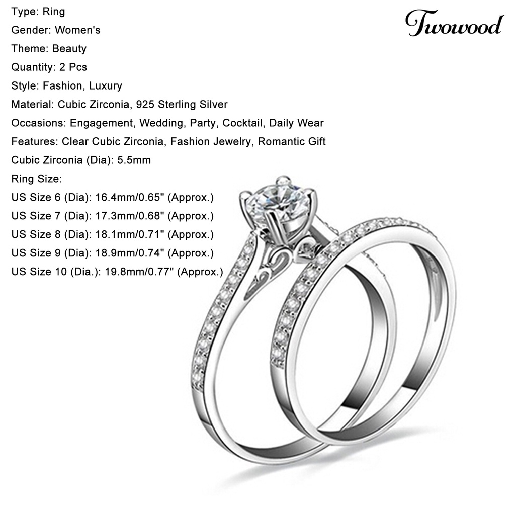 2pcs / Set Cincin Lapis Silver Hias Cubic Zirconia Untuk Pernikahan