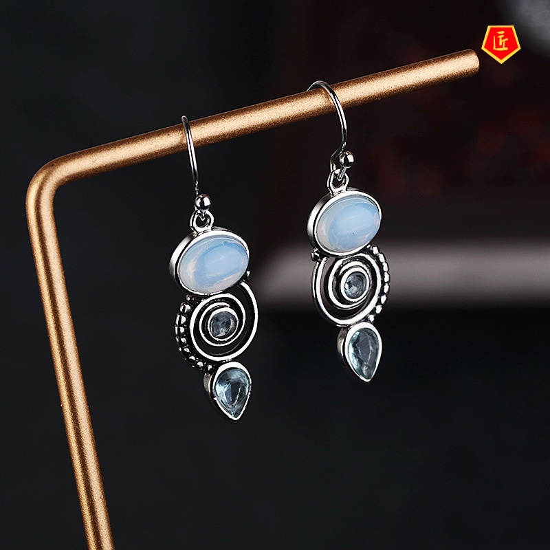 [Ready Stock]Inlaid Sea Blue Topaz Earrings for Women Creative Rotational