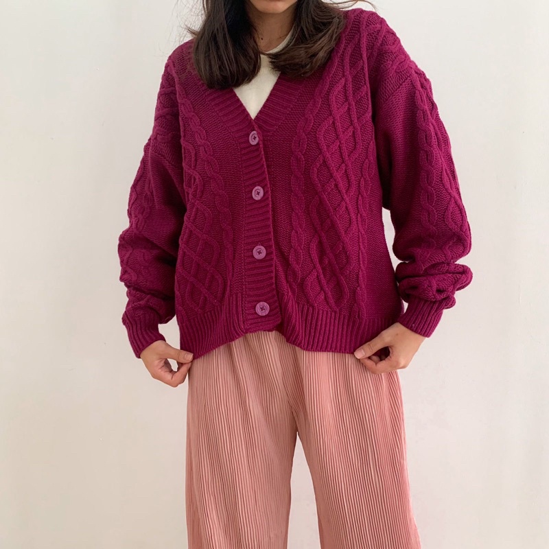 Vintage House Cross Crop Cardi (Cardigan Rajut Cable Wanita Korea / Korean Cardigan)-Orchid