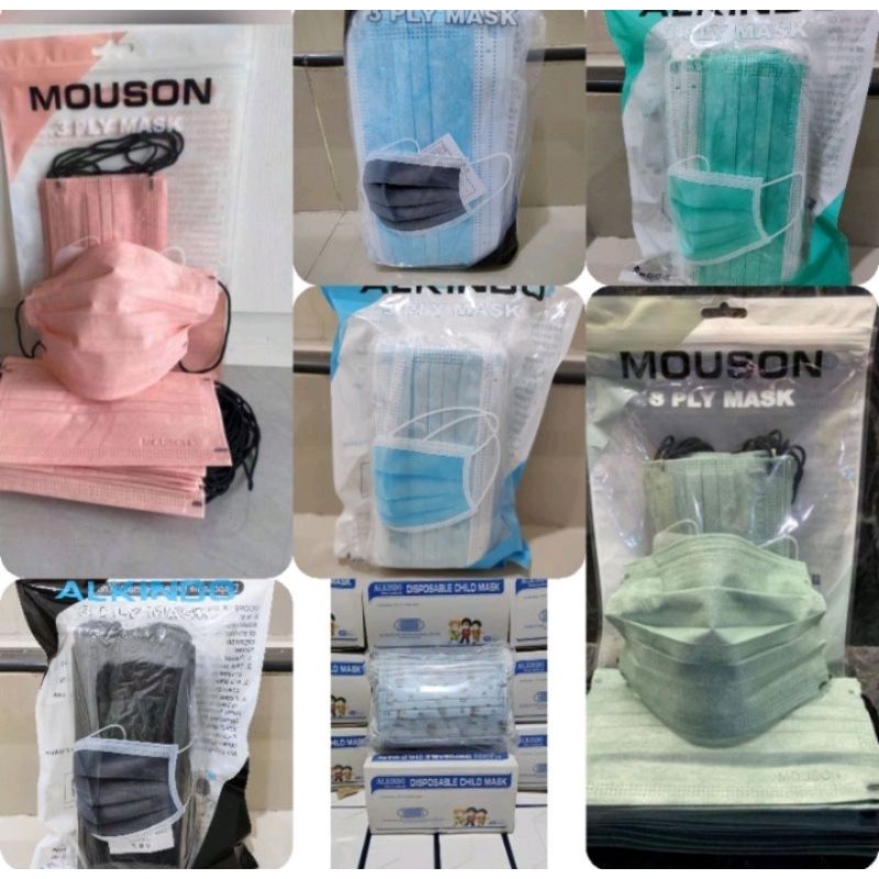 Masker 3PLY ALKINDO/MOUSON/ONCARE/ICARE/WEMASK/DISPOSABLE Warna Biru Hijau Hitam Putih Pink Kuning U