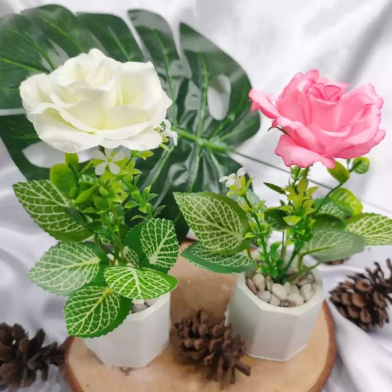 [ PROMO TERMURAH ] Bunga Artificial Rose Mongol | Termasuk Pot Oktagon | Dekorasi Ruang Tamu | Bunga Plastik Grosir Import Murah
