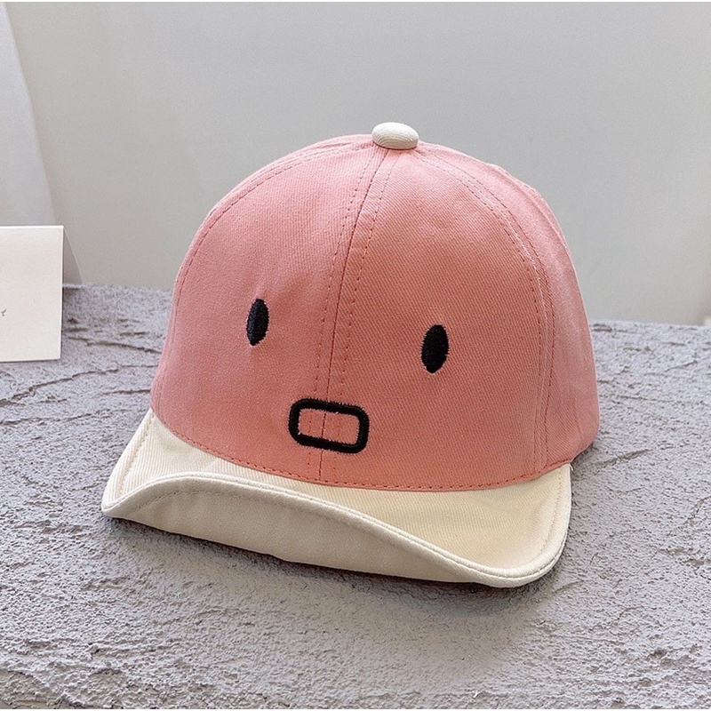 Topi Lokal Anak Bayi Laki Laki Perempuan Model Emoticon Lingkar 47 48 49-Pink/putih