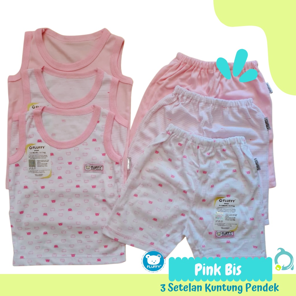 FLUFFY Pink Bis / Neci 3 Setelan Kuntung ( 3 Baju 3 Celana) Baju Bayi Baru Lahir / Newborn