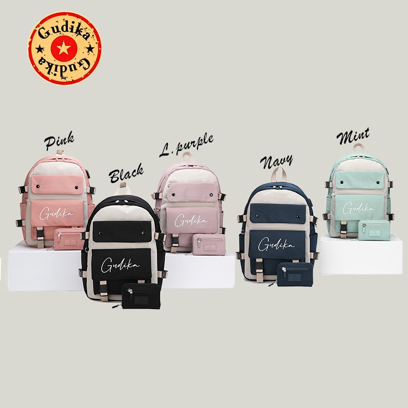 Gudika Bag 5222 USB Free Dompet - Tas Ransel Besar Backpack Laptop Sekolah Anti Air Korean Style Kekinian Terlaris - Tas Wanita Import Terbaru