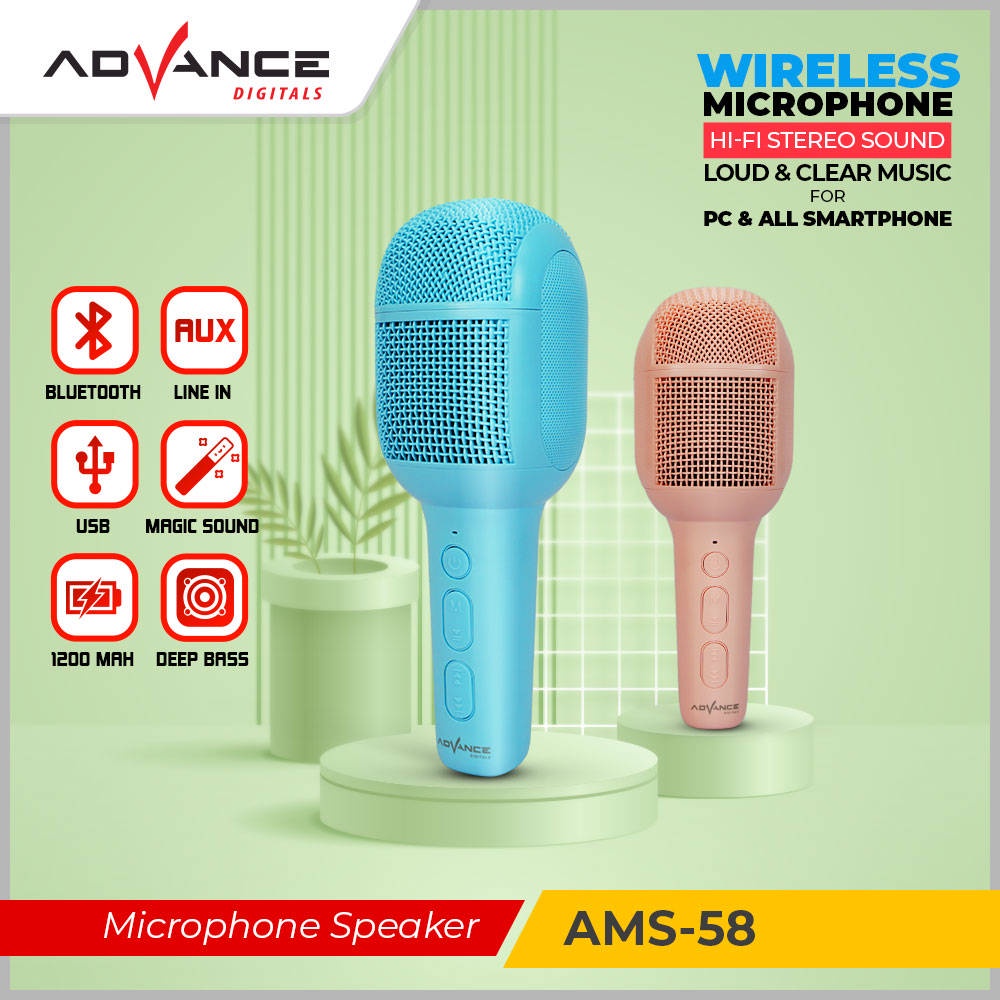 Advance Mic Karaoke Bluetooth Tanpa Kabel AMS-58 Microphone Karaoke Suara Jernih - Mic Advance AMS-58 Microphone Speaker