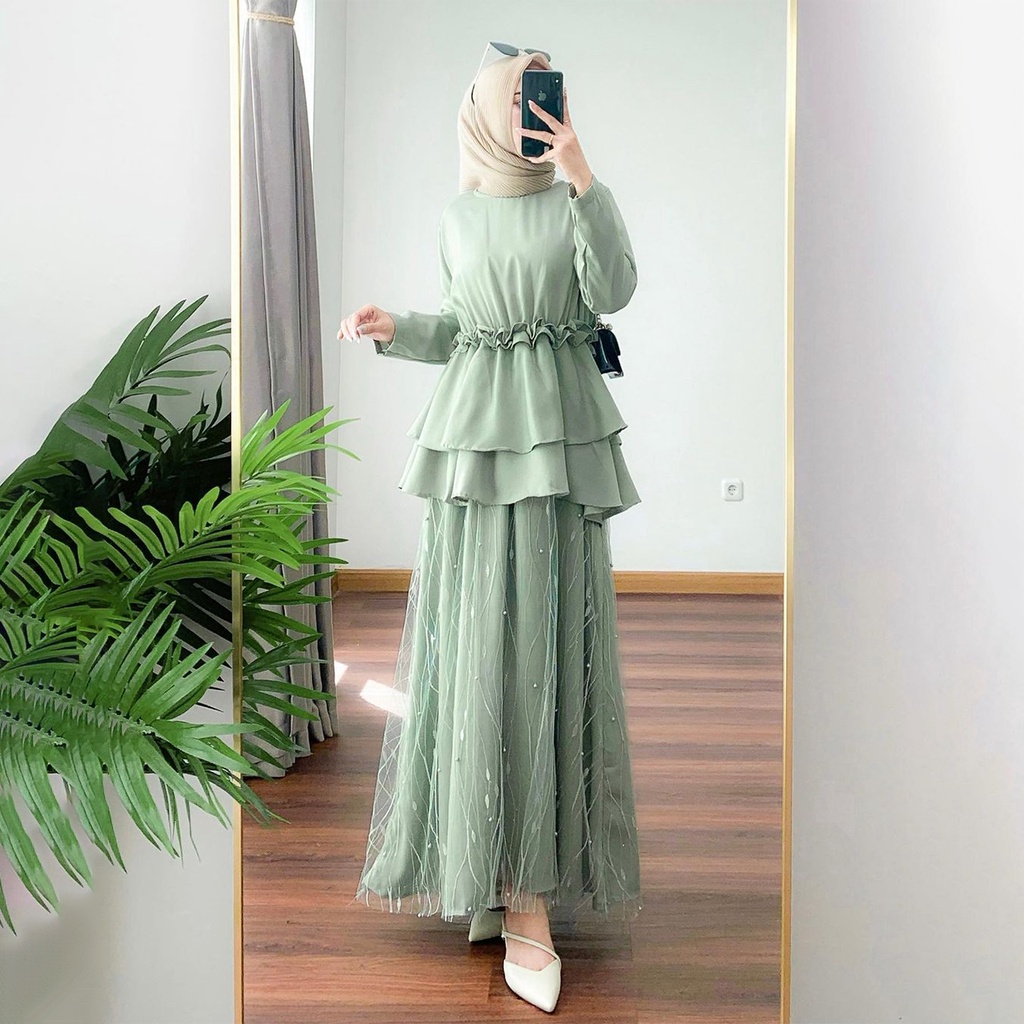 MAXI DRESS ELAINE BRUKAT TILE MUTIARA - DRESS KONDANGAN DRESS LAMARAN - OUTFIT WANITA KEKINIAN - GAMIS MUSLIM MODERN - DRESS BRIDESMAID