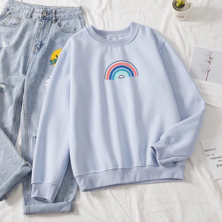 Rainbow Sweater Wanita Bahan Fleece Oversize M - XXL