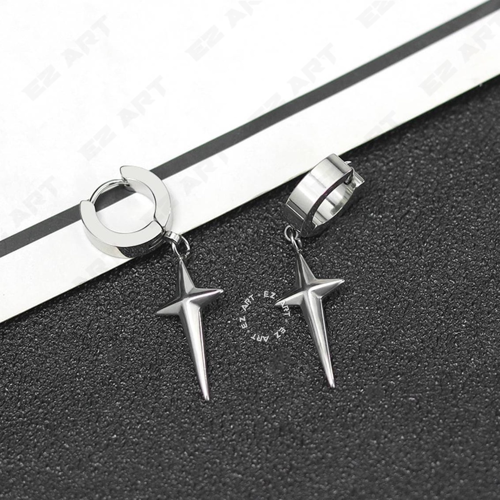 1Pc EZ-AAi ANTING FASHION COWOK 4-POINT STAR CROSS SALIB GAYA KOREA KPOP BTS PRIA WANITA JEPIT TUSUK SILVER HITAM EMAS