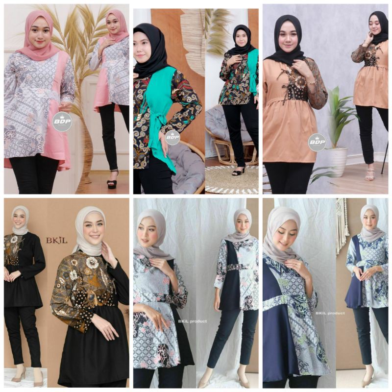 ATASAN BLOUSE BATIK KOMBINASI MOSCREPE MODERN BIG SIZE JUMBO M L XL XXL PINK ABU HITAM COKSU HIJAU