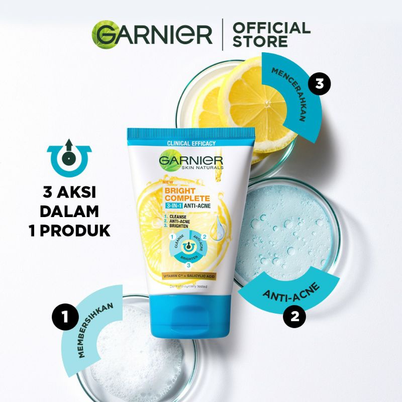 Garnier Bright Complete 3-in-1 Anti Acne Facial Wash Skin Care 90 ml ~ ORIGINAL 100%