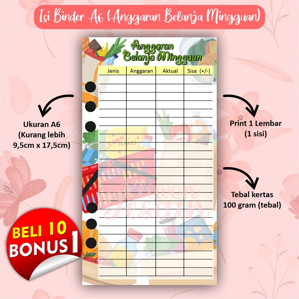 

si kertas binder a6 ring 6 anggaran belanja mingguan