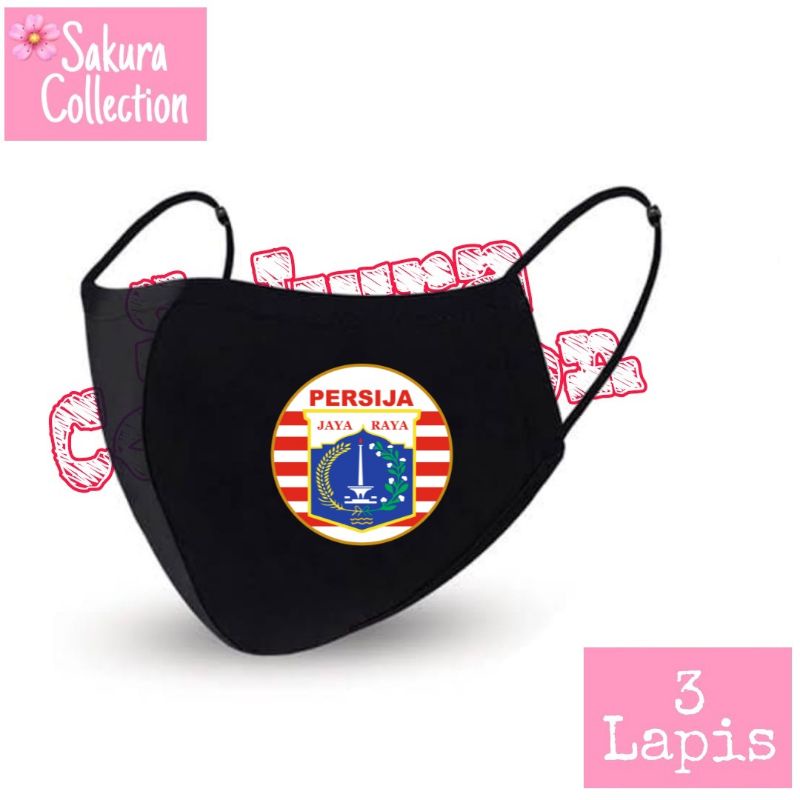 Masker kain 3 lapis earloop - Logo Bola Club Persija Jakarta / masker scuba anak dewasa pria wanita / masker hitam 3 ply ✖️ KN95