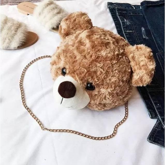 ASFOUR - Tas Bulu Selempang TEDDY BEAR Tas Boneka Kepala teddy bear ALA KOREA TAS SEKOLAH LUCU TAS PEREMPUAN TAS WANITA TAS CANTIK TAS BULU TAS KEKINIAN/TAS BULU/tas SLEMPANG RANTAI/TAS HP/TAS DOMPET