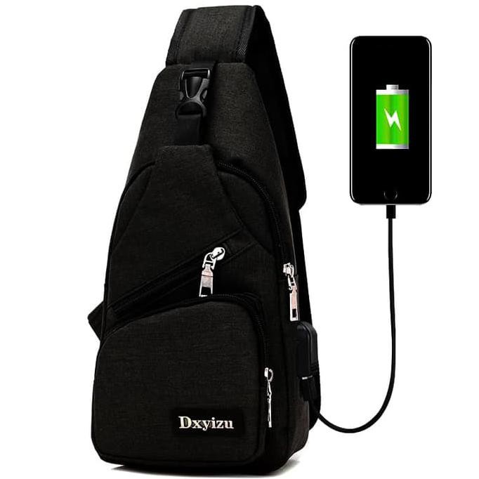 TAS SELEMPANG / TAS BOBO / SLING BAG USB IMPORT - HITAM