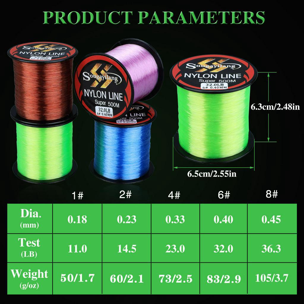 Sougayilang 500m Nylon Fishing Line Super Strong And Anti Curl Fishing String Pink Green Brown Blue four colors For Gurame / Bream / Silver Carp / Perch