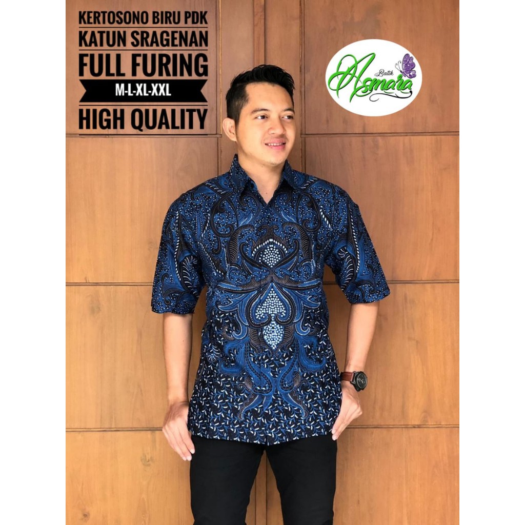 KERTOSONO BIRU Kemeja Batik Pria Lengan Pendek Katun Halus FULL FURING Batik Asmara