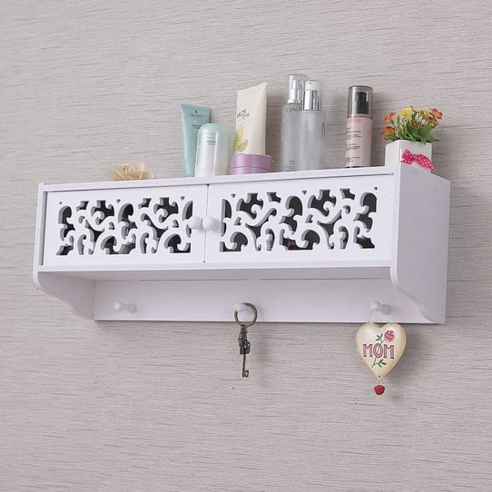 Lemari Rak Dinding Kayu Gantungan Hook Rumah Holder Kosmetik White