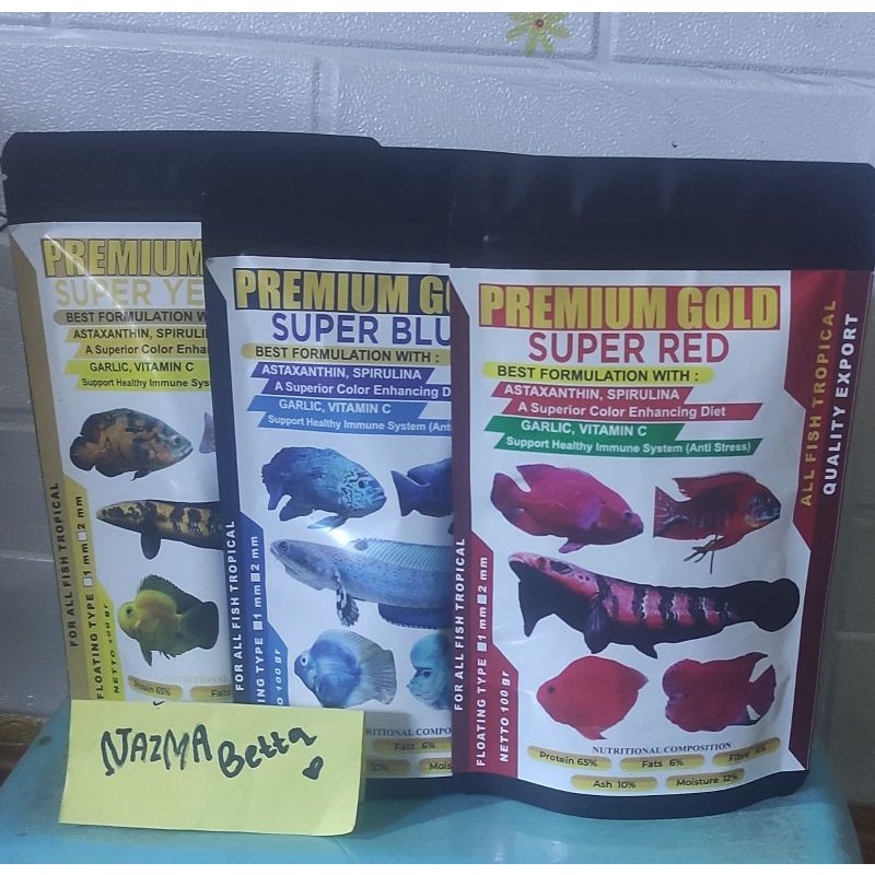 pelet ikan super yellow, super red,super blue premium gold