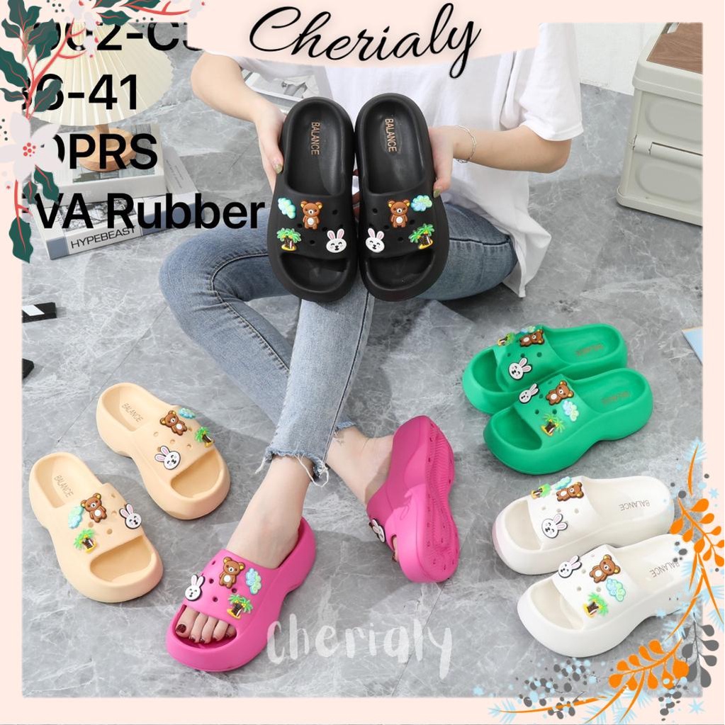 EVA BALANCE Sandal Slop Fuji Wanita Import Tinggi Tebal 5 Cm Super Ringan Rubber Non-Slip Anti Lecet Karet Empuk Elastis 7002 Kelinci