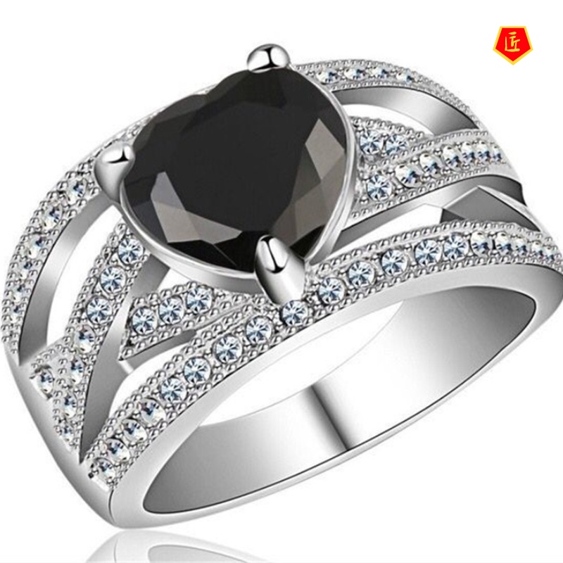 [Ready Stock]Creative Personality Diamond Heart-Shaped Colored Gems Silver Ring