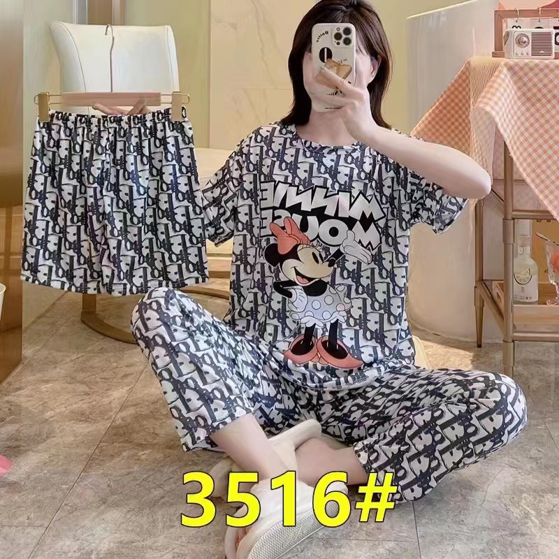 AJW Shop Piyama 3 in 1 | Piyama Lengan Pendek | Baju Tidur Impor | Baju Tidur 3in1-MinnieD White