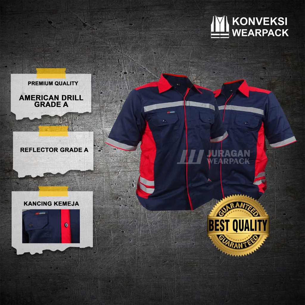 Wearpack Kerja Lengan Pendek Warna Merah Kombinasi Biru Navy