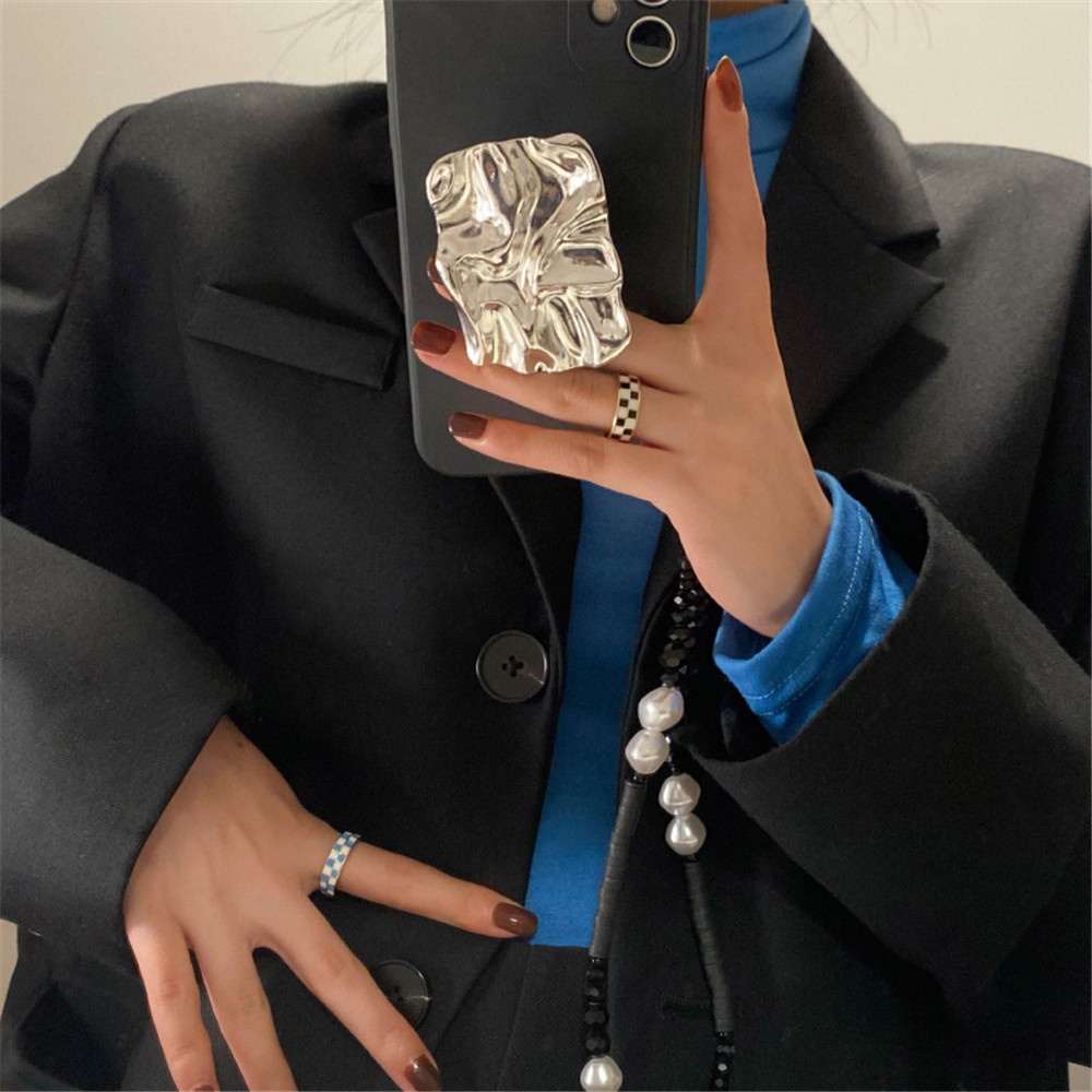 1pc Cincin Model Terbuka Adjustable Desain Papan Catur Hitam Putih Gaya Korea Untuk Wanita