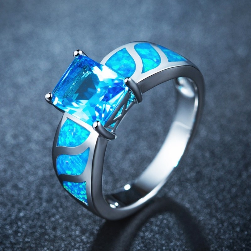 Cincin Batu Opal Biru Bentuk Persegi Panjang Untuk Hadiah Natal Wanita