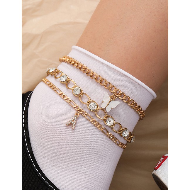 LRC Gelang Kaki Fashion Gold Color Letter Diamond Resin Butterfly Alloy Multilayer Anklet K97846