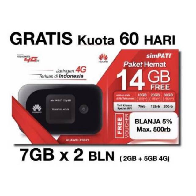 Mifi 4G Huawei E5577 Unlocked Free Tsel 14Gb 2Bln Support XL Go, Indosat, Three, Axis, Bolt