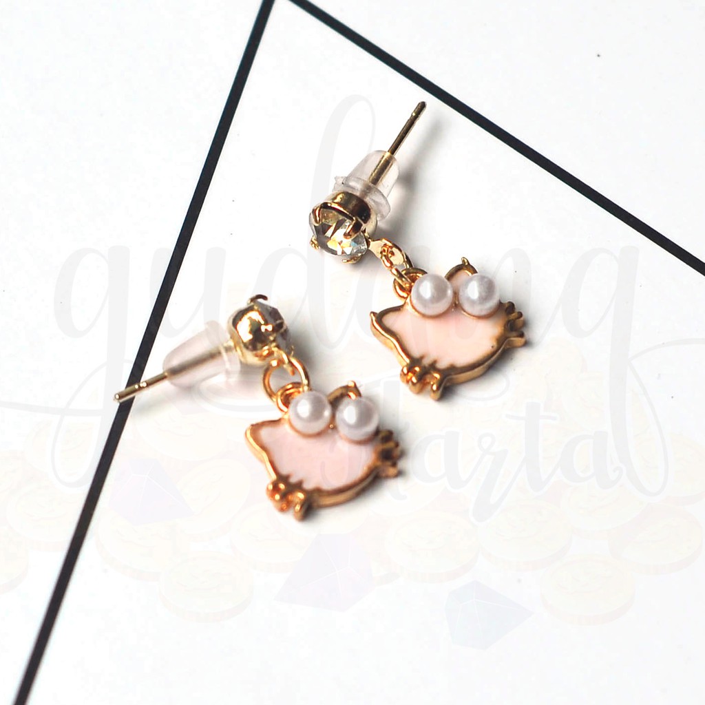 Anting Stud Korea Pink Kitty With Pearl Ribbon Kucing Lucu Cantik GH 203530