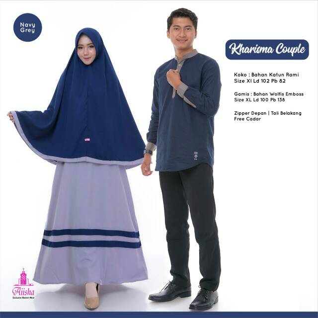 Baju Couple Pria dan Wanita Kharisma gamis bahan wolfis embos zipper depan tali belakang free cadar