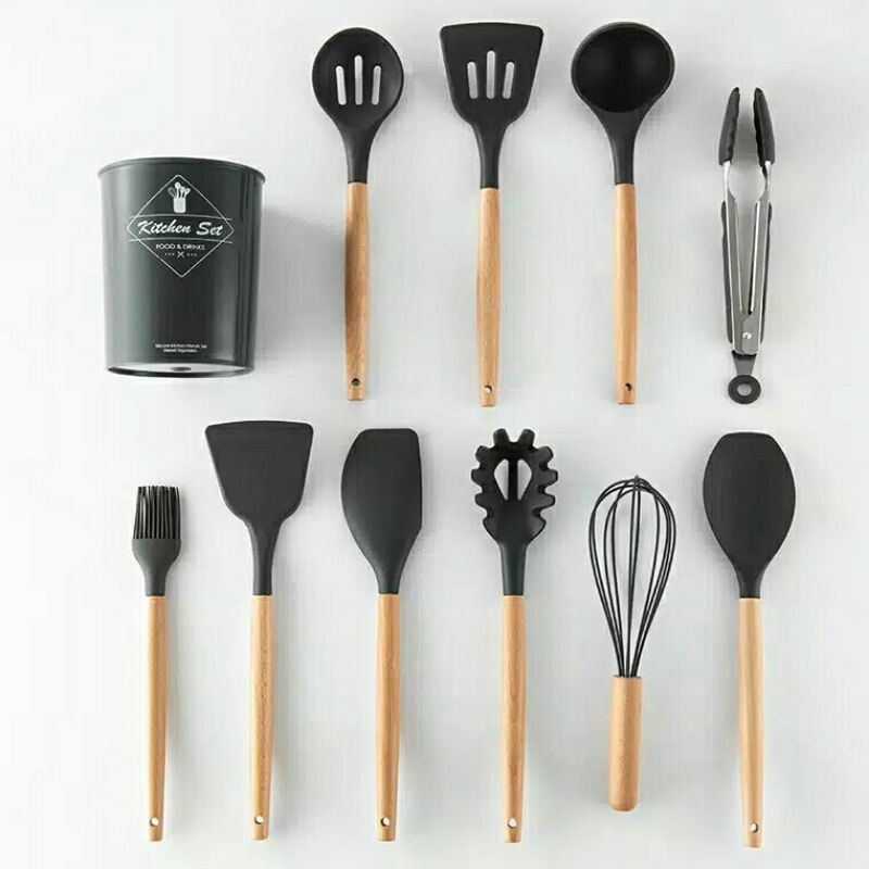 SPATULA SET SILICONE 12 PCS SPATULA SULTAN SPATULA SILIKON GAGANG KAYU LENGKAP 1 SET ALAT KITCHEN UTENSILL MASAK ANTI LELEH SUTIL SILIKON