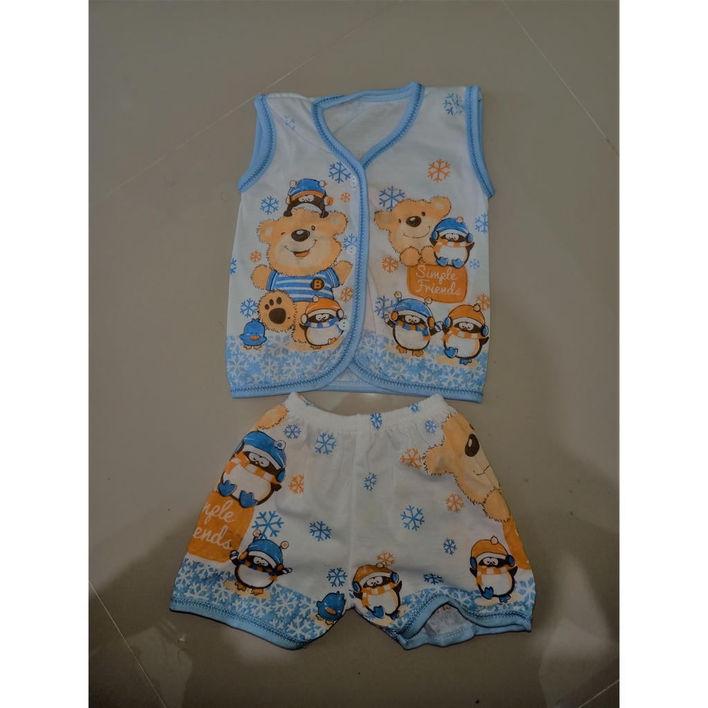 SETELAN BAJU YUKENSI + CELANA KACAMATA PUTIH SABLON ISI 1 LUSIN / Setelan Baju Bayi Yukensi + Celana Pendek Putih TC Newborn Pola Grosir isi 12 Pcs Warna Mix 0-4 Bln