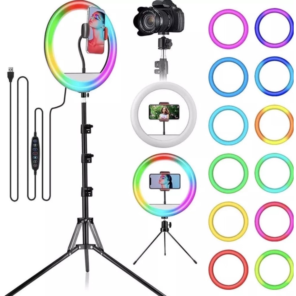 Ringlight 26cm Rainbow RGB Selfie Ring(PAKET KOMPLIT)+Tripod 2.1M+Holder-Satu Set Ring Light 26 cm Rainbow RGB-Ring Light Selfie HP &amp; Camera 1Set Lightning Photography TIik tok Livestreaming-Vlogger-Youtube