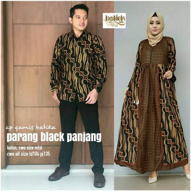 Couple Gamis Batika Parang Black Sarimbit Gamis Batik Kombinasi Long Dress Klok Seragam Pesta Muslim