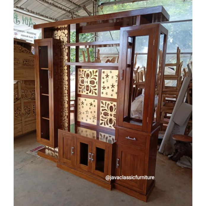 PARTISI TV MINIMALIS PENYEKAT RUANGAN SKETSEL LEMARI TV BAHAN KAYU JATI FINISHING NATURAL FURNITURE JEPARA-1