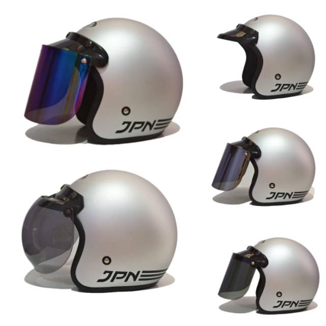 HELM  JPN Silver doff HELMET MOTOR HELM BOGO RETRO POLOS PRIA WANITA PAKET KACA FLAT DATAR CEMBUNG