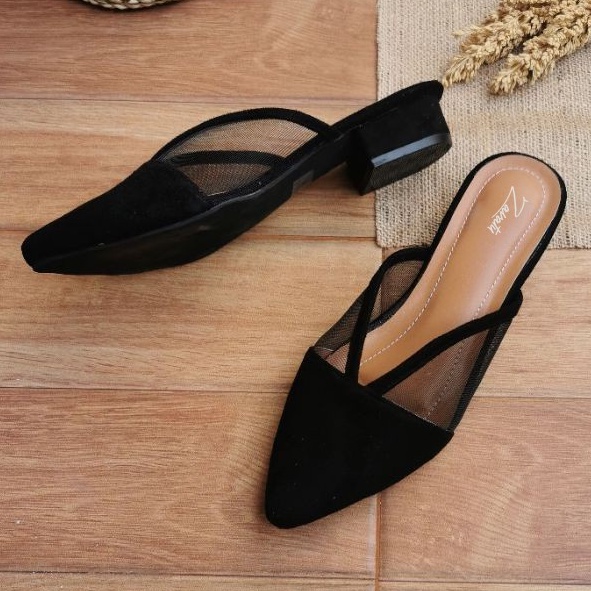 sepatu bustong brukat / sepatu sandal wanita big size 40-45 sendal sepatu mules black jet formal pesta sendal heels hak 3cm heels ibu ibu kerja pesta arisan kondangan ukuran jumbo besar