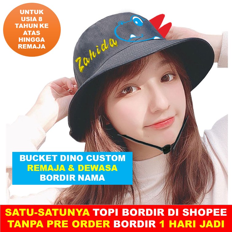 Topi Bucket Dino Tali Custom Bordir Nama Dinosaurus Usia 8 Tahun ke atas Remaja & Dewasa