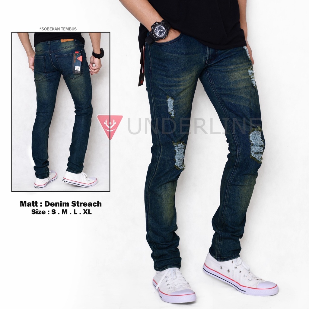 Celana Jeans Pria Sobek Lutut - 2 RIPPED - S, M, L, & XL - Biru Gelap - Celana Jeans Ripped Lois Jel