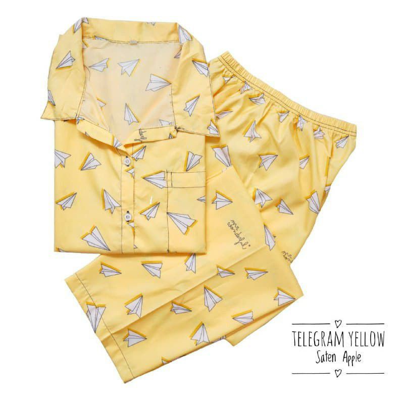 Piyama Wanita Baju Tidur Wanita Dewasa Baju Tidur Piyama Satin Apple-Telegram Yellow