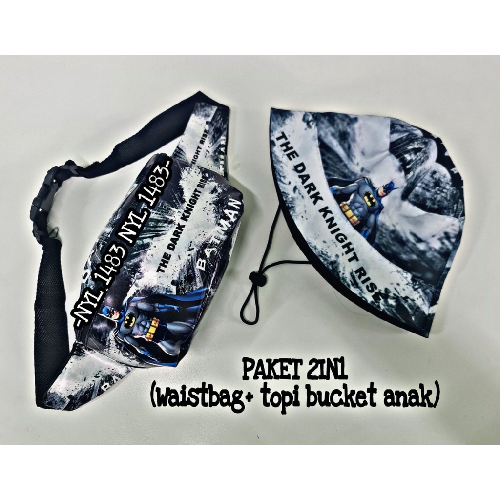 Paket anak 2 in 1 Waistbag anak laki laki dan topi Bucket anak karakter kartun untuk usia 2-9 thn