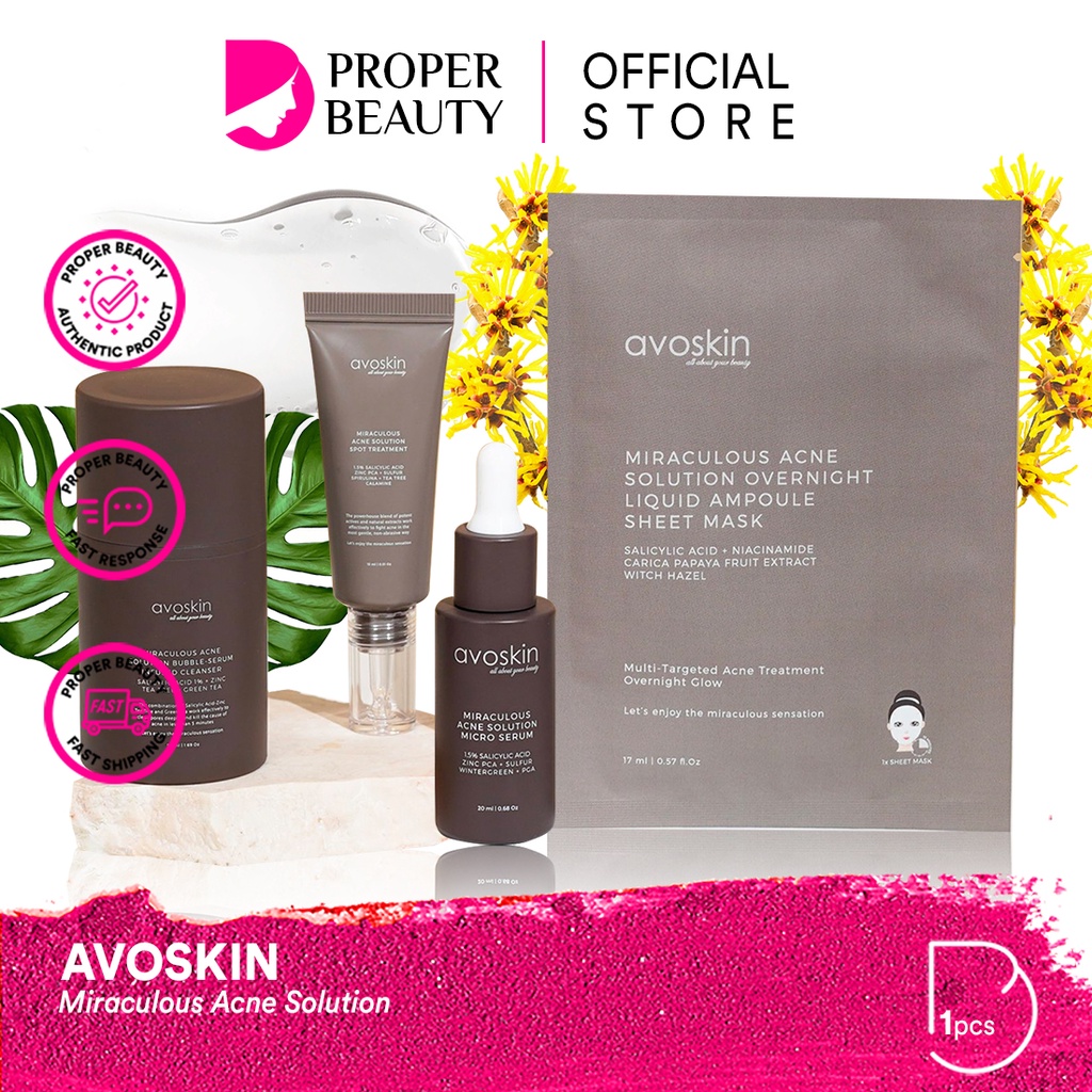 AVOSKIN Miraculous Acne Solution Indonesia / Bubble-Serum Infused Cleanser Micro Serum Spot Treatment Overnight Liquid Ampoule Sheet Mask / Cleanser Toner Essence Mist Day Night Eye Cream Sunscreen Masker / You Skin Bae YSB Skin Care Face Paket Set Wajah