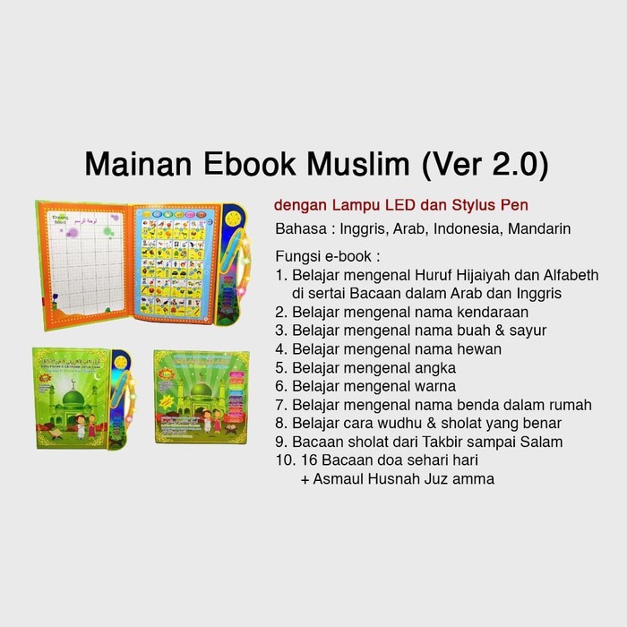 mainan pembelajaran edukas E BOOK anak 4 bahasa english indonesia MANDARIN ARAB LAMPU LED
